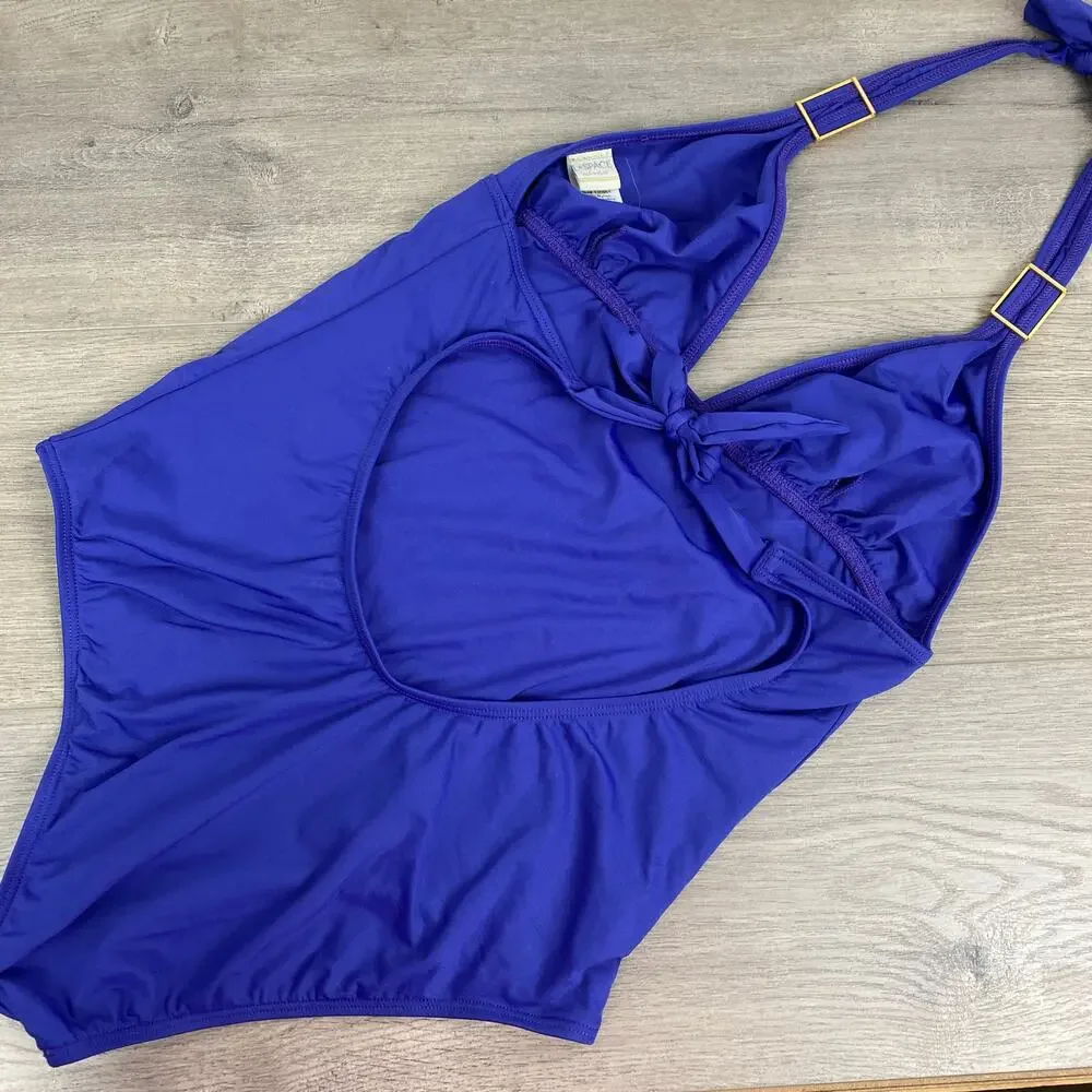 L*Space Blue Purple Halter Neck Tie Scoop Back One Piece Swimsuit Sz.L